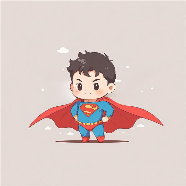 سوپرمن بامزه با دست به کمر و پس‌زمینه ستاره و ابرهای کوچک