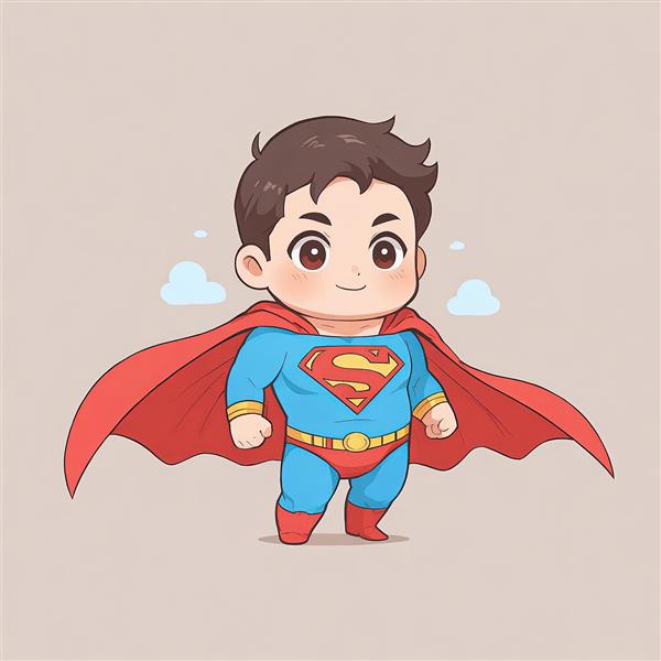 تصویر سوپرمن چیبی در پوز خندان با ابرهای فانتزی، مناسب اتاق کودک