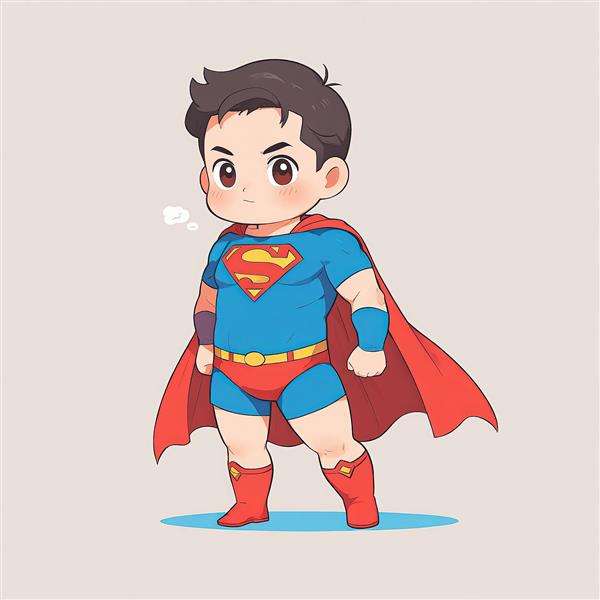 سوپرمن چیبی در حالت اکشن با پس‌زمینه ساده، طرح گرافیکی دی‌سی