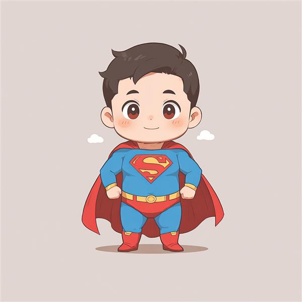 سوپرمن چیبی در پوز ابرقهرمانی با پس‌زمینه ساده، طرح مینیمال