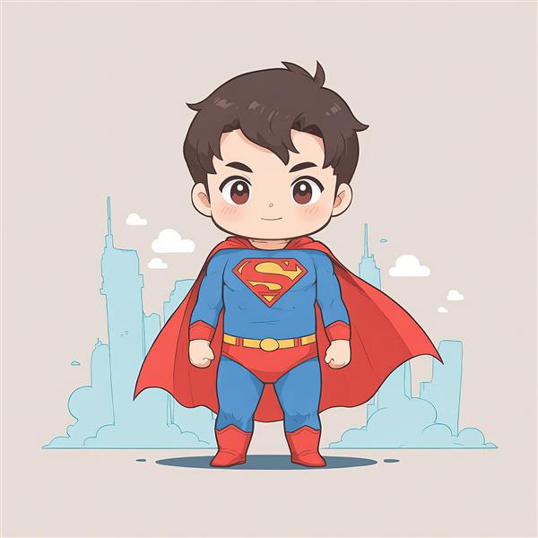 سوپرمن کودکانه با شنل در پس‌زمینه ساختمان‌های شهری و ابر