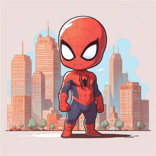 اسپایدرمن چیبی در شهر با ساختمان‌های آرت دکو، طرح دکوراتیو مدرن