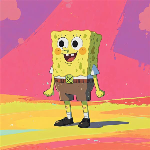 تصویر باب اسفنجی در پس‌زمینه انتزاعی صورتی و زرد، طرح آرت برای اتاق کودک