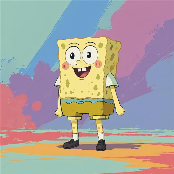 تصویر فانتزی باب اسفنجی شلوار مکعبی با پس‌زمینه رنگ‌های پاستلی، پوستر هنری
