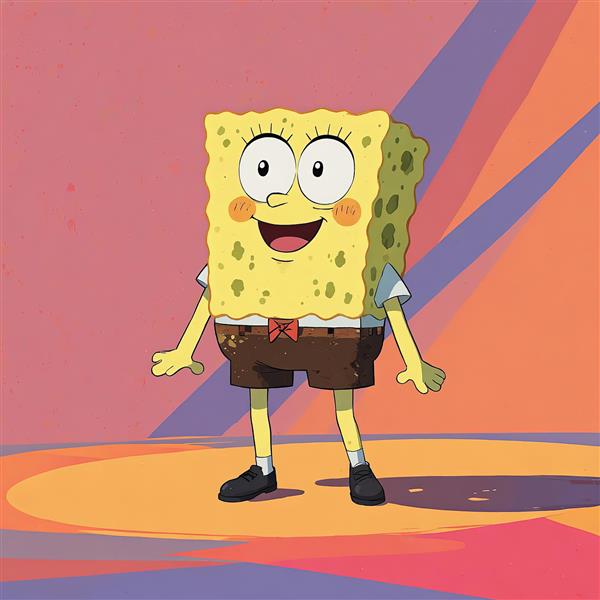 باب اسفنجی شاد با پس‌زمینه نئونی و نورپردازی صحنه، انیمیشن کارتونی