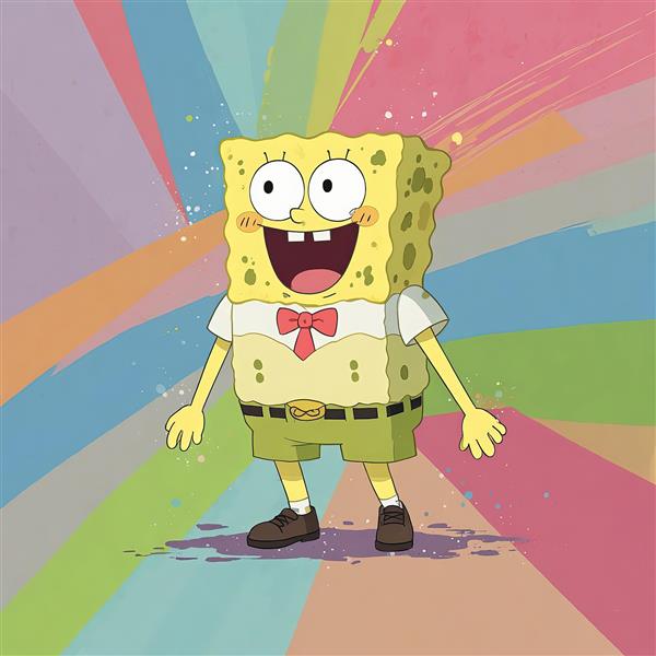باب اسفنجی شلوار مکعبی در پس‌زمینه رنگین کمانی، کاراکتر انیمیشن مشهور