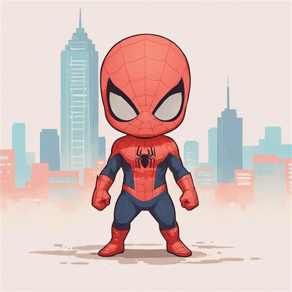 اسپایدرمن چیبی در پوز ایستاده با پس‌زمینه آسمان‌خراش‌ها، طرح دیوارکوب