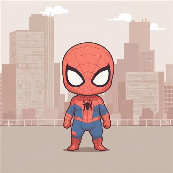 مینیمال مرد عنکبوتی ایستاده روی بالکن با پس‌زمینه ساختمان‌های شهری