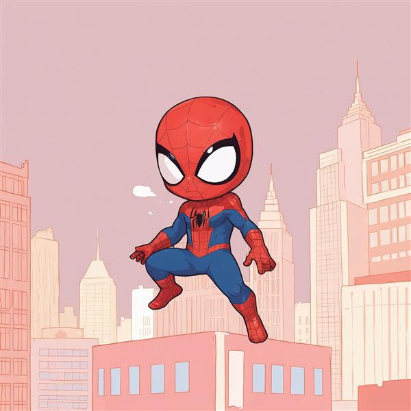 مرد عنکبوتی چیبی در حال پریدن روی سقف ساختمان‌های شهر، کمیک آرت