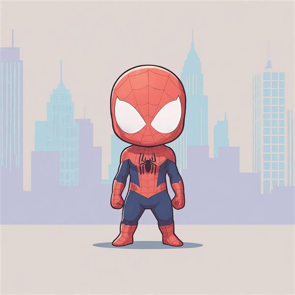 طرح کارتونی مرد عنکبوتی چیبی با پس‌زمینه روشن شهر (آسمان آبی)