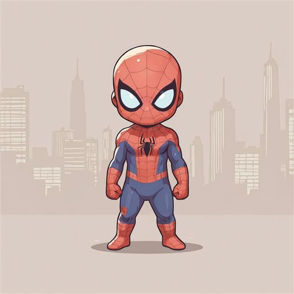 عکس باکیفیت مرد عنکبوتی چیبی با پس‌زمینه ساختمان‌های خاکستری