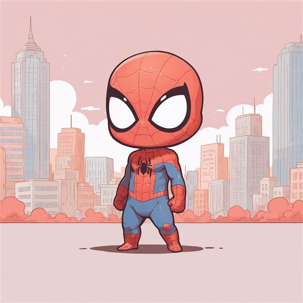تصویر کارتونی مرد عنکبوتی چیبی در شهر با رنگ صورتی