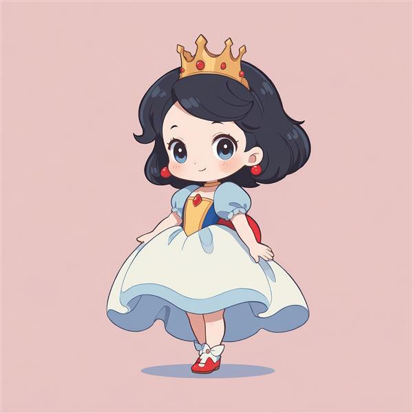 سفید برفی کارتونی چیبی با تاج و لباس آبی، طرح فانتزی مینیاتوری برای چاپ تابلو و پوستر دکوراتیو
