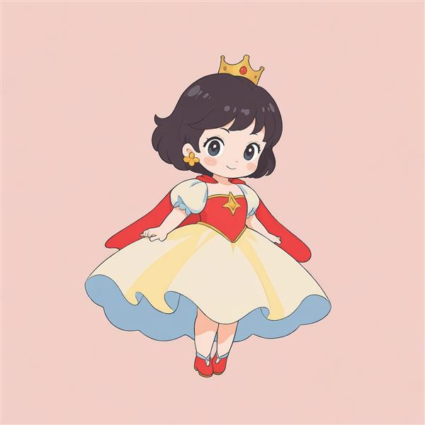 تصویر شاهزاده خانم چیبی با شنل قرمز و لباس سفید و زرد، سفید برفی فانتزی برای چاپ باکیفیت و دکوراتیو