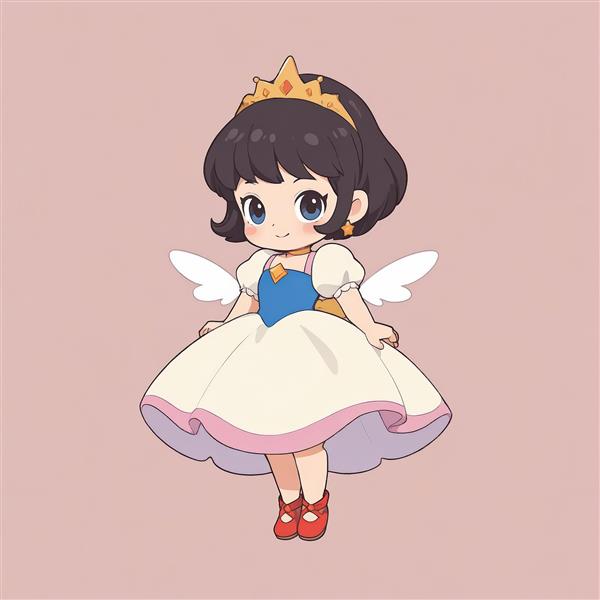 سفید برفی شاهزاده خانم چیبی بالدار با تاج طلایی و لباس فانتزی، طرح کارتونی باکیفیت برای دکوراسیون اتاق دختر، پس‌زمینه صورتی