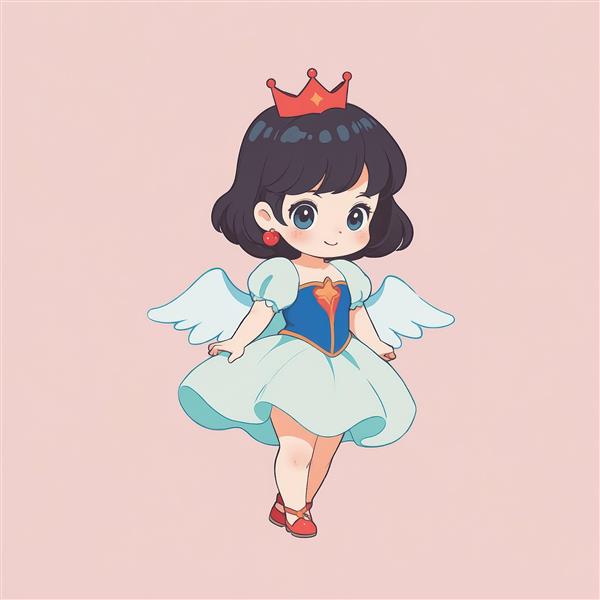 شاهزاده خانم چیبی بالدار با لباس آبی روشن و تاج قرمز، فانتزی و باکیفیت برای چاپ عریض دکوراسیون اتاق کودک