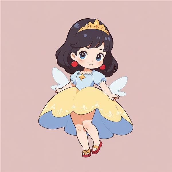 شاهزاده خانم چیبی با بال و لباس فانتزی، طرح کارتونی باکیفیت برای دکوراسیون اتاق دختر، پس‌زمینه صورتی