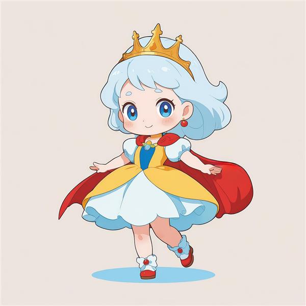 شاهزاده خانم مو آبی چیبی با شنل قرمز و تاج، طرح فانتزی با لباس زرد و سفید، مناسب چاپ پوستر و تابلو