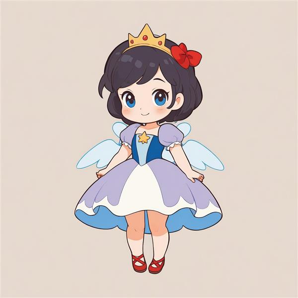 تصویر شاهزاده خانم چیبی با لباس بنفش و بال، وکتور فانتزی و باکیفیت، مناسب چاپ عریض برای محصولات دکوراتیو