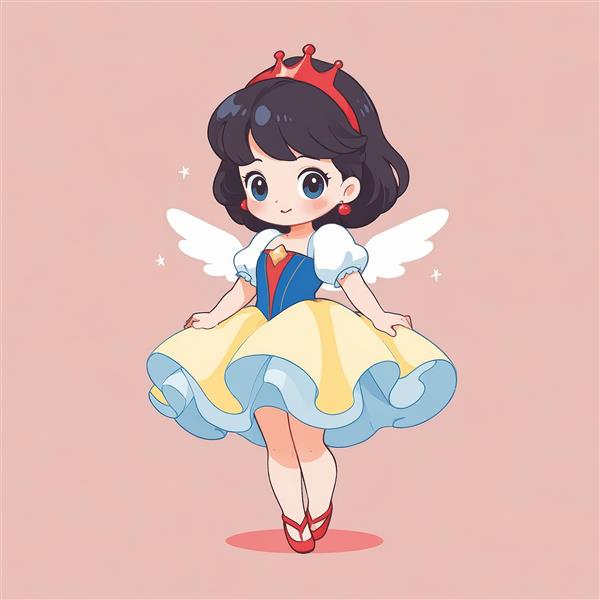 سفید برفی کارتونی (چیبی) با بال و لباس فانتزی، طرح شاهزاده خانم برای چاپ پوستر و تابلو اتاق دخترانه