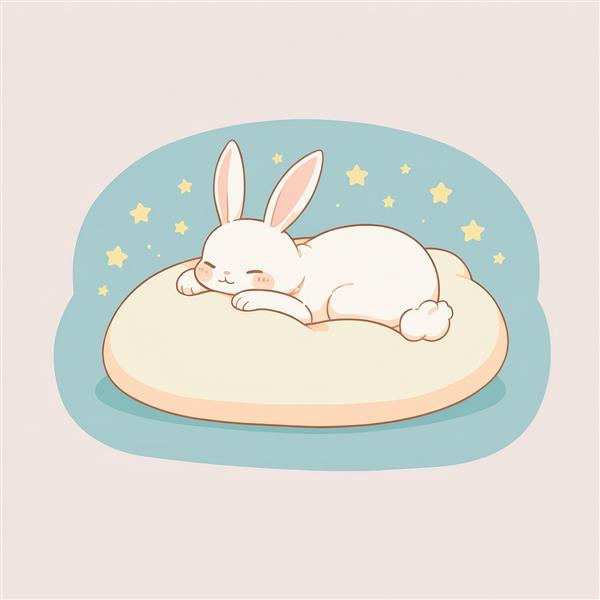 وکتور خرگوش خوابیده روی بالش شیری، طرح فانتزی و باکیفیت برای چاپ پوستر و تابلو با پس‌زمینه آبی ملایم و ستاره‌ها