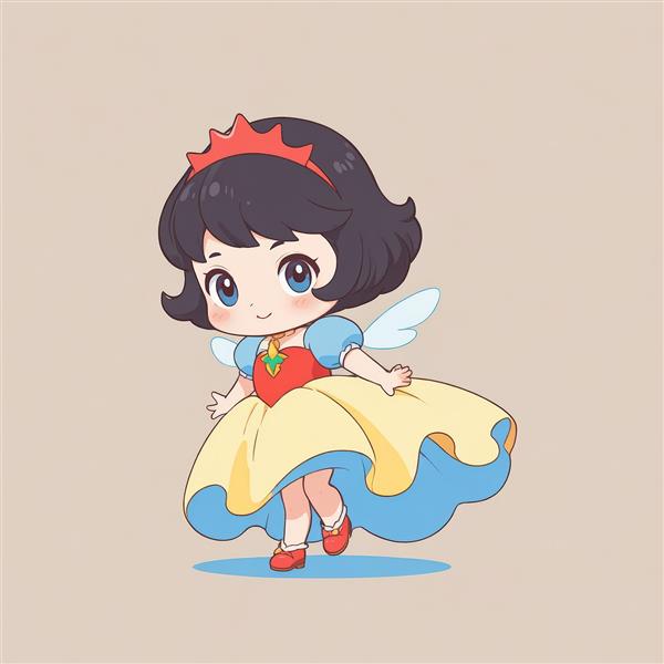 تصویر شاهزاده خانم کارتونی چیبی با دامن زرد، وکتور سفید برفی فانتزی برای چاپ پوستر و تابلو، با کیفیت بالا