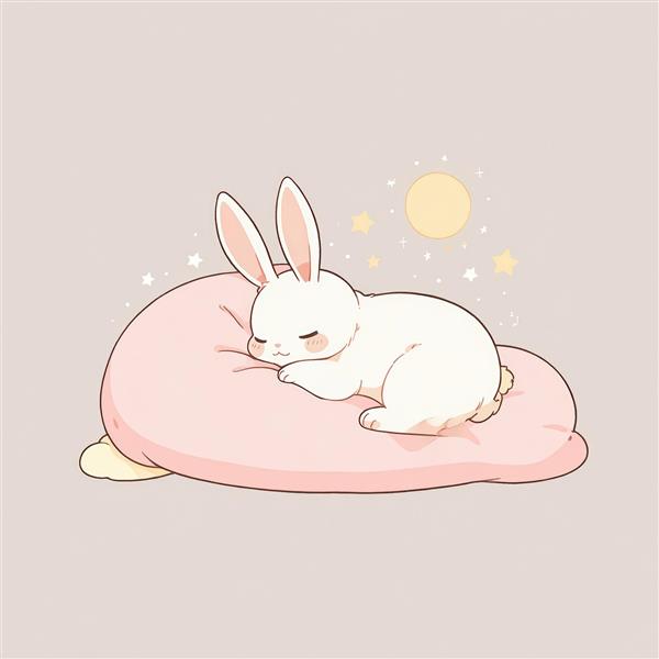 خرگوش سفید خواب آلود روی بالش صورتی، طرح مینیمال و شیک، مناسب چاپ عریض برای تابلو دکوراتیو اتاق کودک و مهدکودک