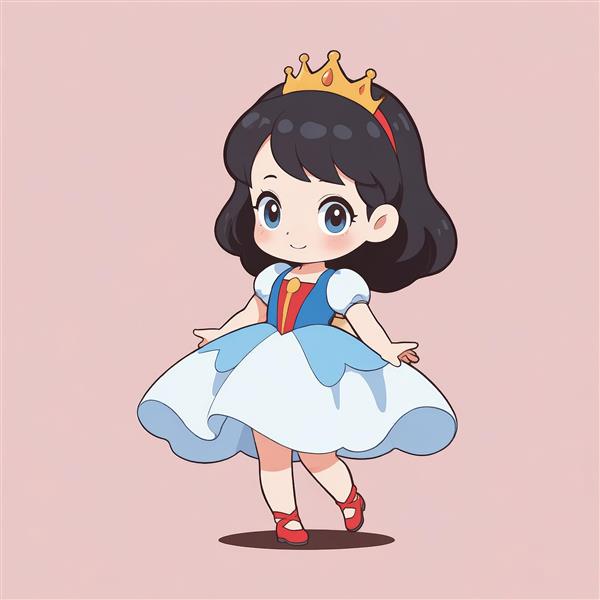 وکتور سفید برفی کارتونی (چیبی) با تاج طلایی، طرح فانتزی شاهزاده خانم برای چاپ باکیفیت و دکوراسیون اتاق دخترانه