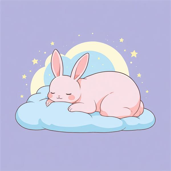 تصویر خرگوش صورتی خوابیده روی ابر آبی روشن، وکتور باکیفیت برای چاپ پوستر و تابلو اتاق کودک، سبک چیبی و کارتونی