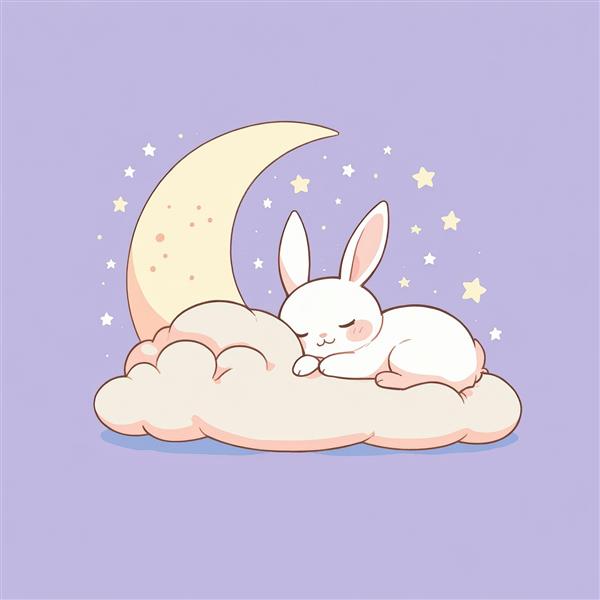 خرگوش سفید خوابیده روی ابر و ماه، وکتور فانتزی وکتور در پس‌زمینه بنفش، مناسب چاپ عریض پوستر اتاق نوزاد و کودک