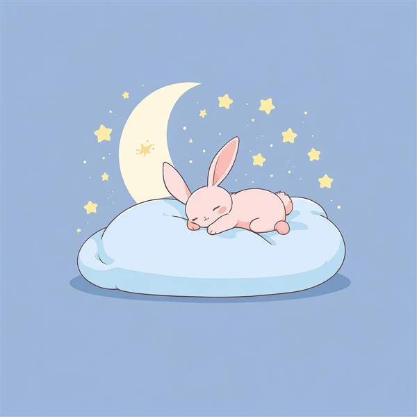 طرح ماه و خرگوش خوابیده روی ابر آبی تیره، وکتور فانتزی خرگوش پشمالو مناسب چاپ با کیفیت بالا برای محصولات دکوراتیو