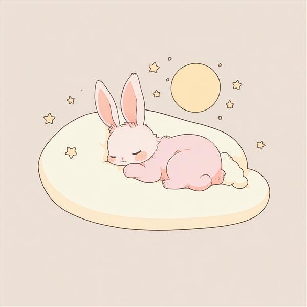 وکتور خرگوش صورتی خوابیده روی بالش زرد، طرح فانتزی و مینیاتوری ماه و ستاره‌ها مناسب چاپ پوستر و تابلو اتاق کودک