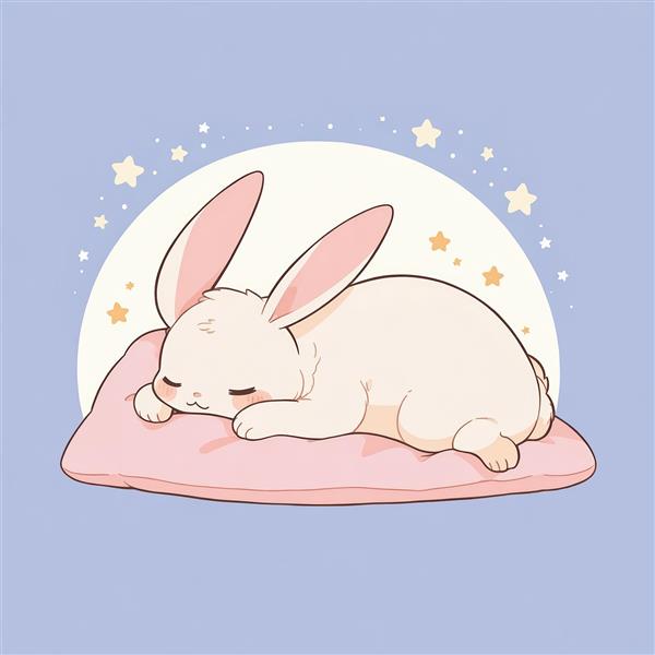 طرح کارتونی خرگوش خوابیده روی کوسن صورتی، وکتور مینیمال برای چاپ پوستر و تابلو، مناسب دکوراسیون اتاق کودک