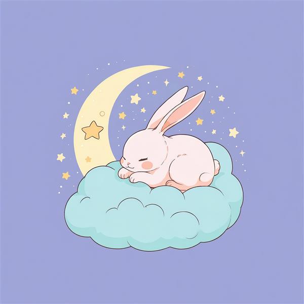 وکتور خرگوش روی ابر آبی و ماه در شب بنفش، طرح فانتزی و باکیفیت برای چاپ پوستر و تابلو کودک و سیسمونی