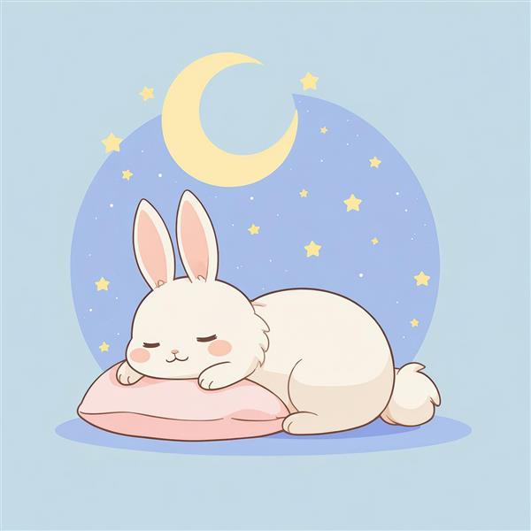 خرگوش خوابیده روی بالش صورتی در شب مهتابی، وکتور فانتزی ماه و ستاره‌ها برای دکوراسیون اتاق کودک و نوزاد دخترانه