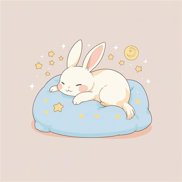 خرگوش بامزه در خواب با پس‌زمینه بژ و ستاره‌ها، طرح کارتونی وکتور با کوسن آبی، مناسب چاپ تابلو و پوستر باکیفیت