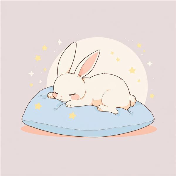 تصویر خرگوش خوابیده روی کوسن آبی، وکتور فانتزی و باکیفیت برای چاپ عریض و تولید محصولات دکوراتیو کودک و مهدکودک