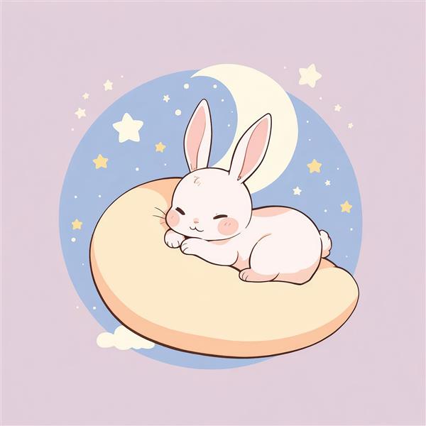 طرح ماه و خرگوش خواب آلود، وکتور فانتزی خرگوش پشمالو روی ماه و بالش برای اتاق نوزاد و چاپ با کیفیت بالا