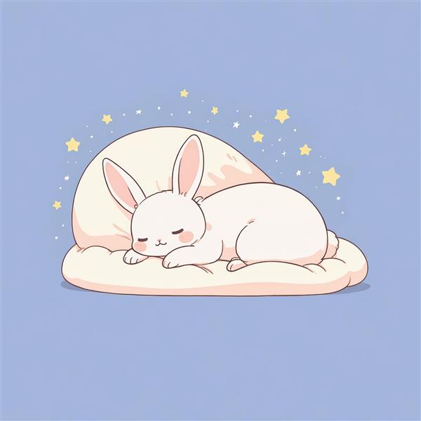 وکتور خرگوش کارتونی خوابیده روی بالش، طرح فانتزی و مینیمال با پس‌زمینه بنفش برای چاپ پوستر و تابلو کودک و نوزاد