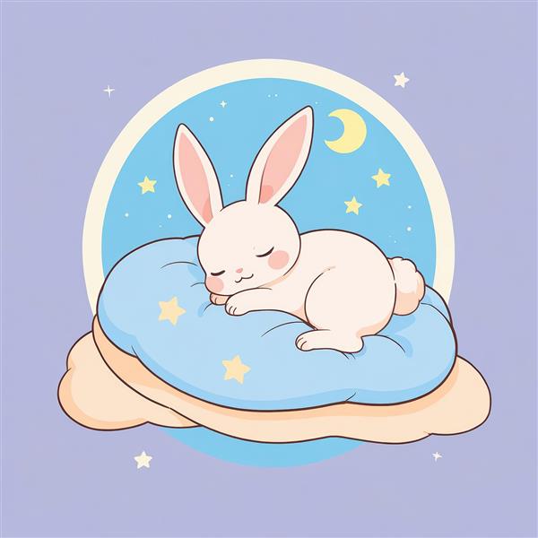 وکتور خرگوش سفید خوابیده روی بالش ستاره‌دار در آسمان شب