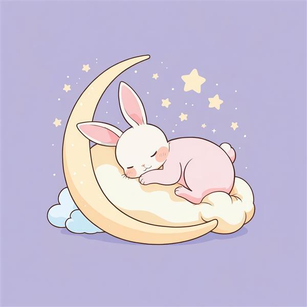 تصویر خرگوش صورتی خوابیده روی ماه و ابر در شب پرستاره