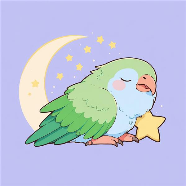 تصویر فانتزی طوطی سبز آبی در حال خواب با ستاره زرد