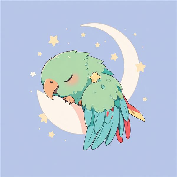 وکتور طوطی سبز و آبی خوابیده روی ماه در شب پرستاره