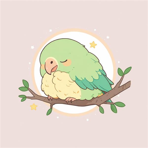 تصویر طوطی چاق سبز و کرم خوابیده روی شاخه با پس‌زمینه محو