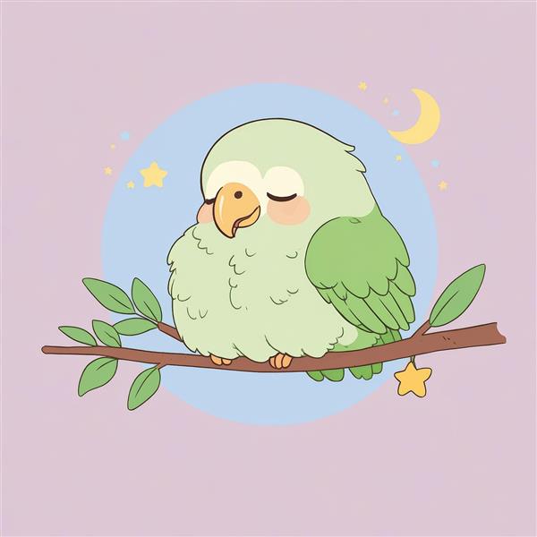 طرح فانتزی طوطی پشمالوی سبز روشن خوابیده روی شاخه درخت