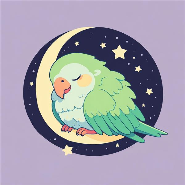 تصویر طوطی سبز خواب‌آلود بغل ماه در آسمان پرستاره تیره
