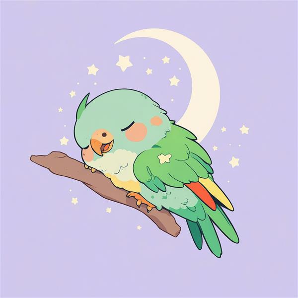 طرح گرافیکی طوطی پاستلی سبز خوابیده روی شاخه زیر ماه