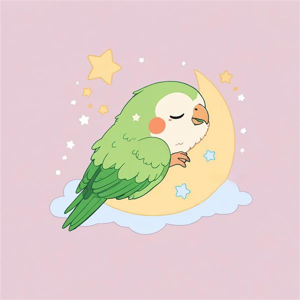 تصویر فانتزی طوطی سبز خوابیده روی ماه و ابر با پس‌زمینه صورتی