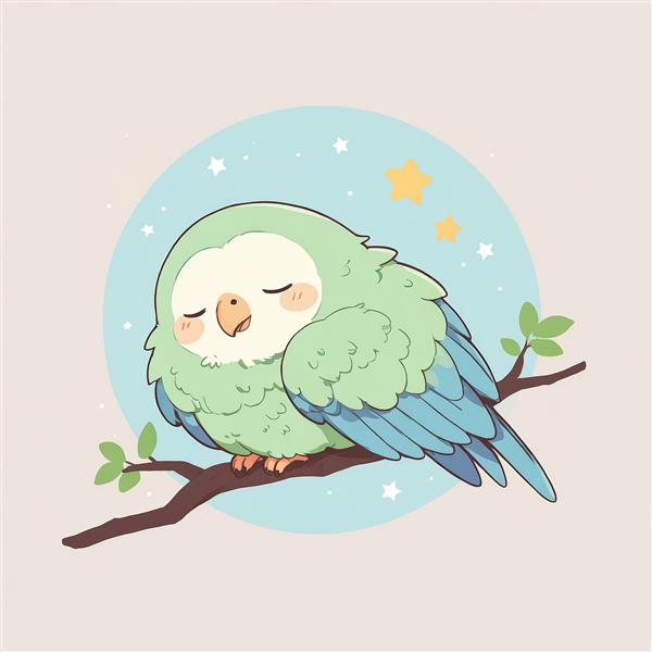طرح کارتونی طوطی کاوایی سبز آبی خوابیده روی شاخه شب