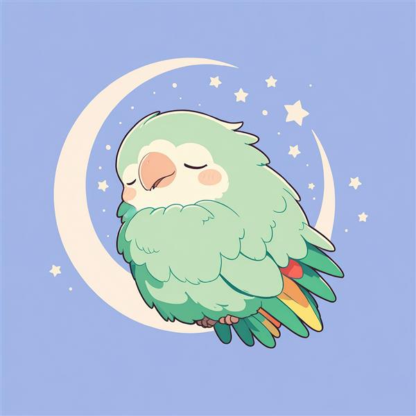 وکتور طوطی کوچک سبز پشمالو خوابیده روی هلال ماه در آسمان